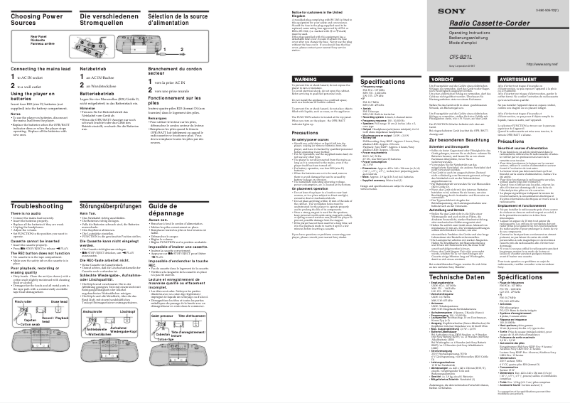 Page 1 de la notice Manuel utilisateur Sony CFS-B21L