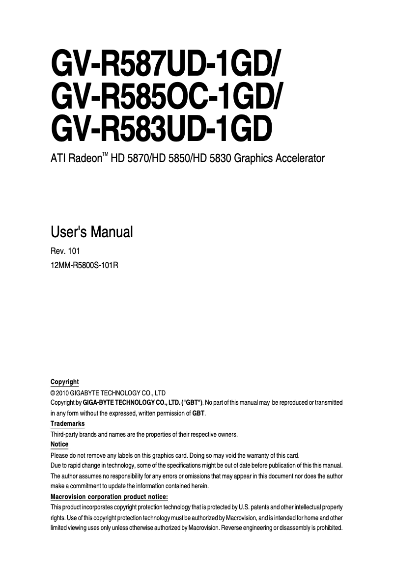 Page 1 de la notice Manuel utilisateur Gigabyte GV-R587UD-1GD