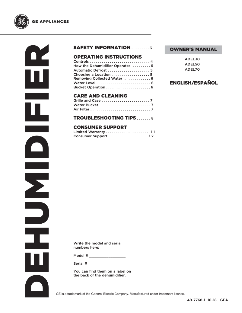 Page 1 de la notice Manuel utilisateur GE ADEL70LW