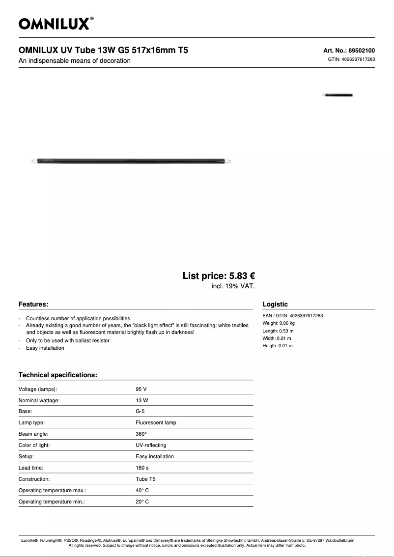 Page 1 de la notice Fiche technique Omnilux Tube 8W G5