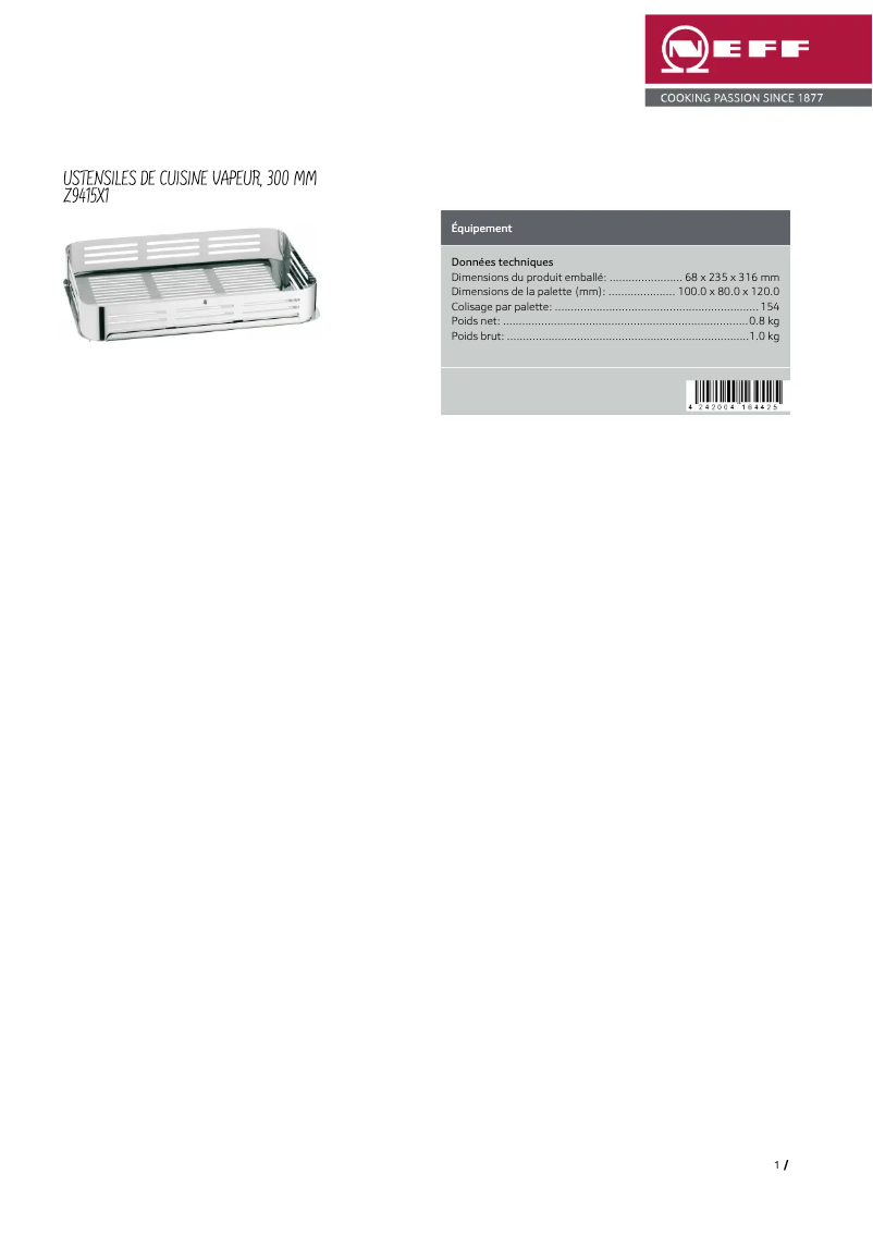 Page 1 de la notice Fiche technique Neff Z9415X1