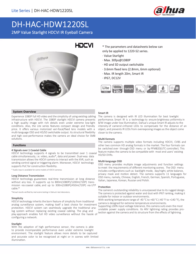 Page n°1 - Fiche technique Dahua Technology HAC-HDW1220SL