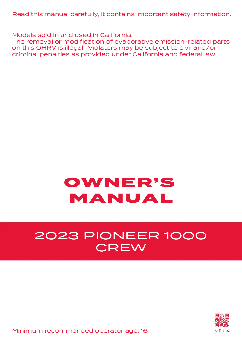 Page 1 de la notice Manuel utilisateur Honda Pioneer 1000 Crew (2023)