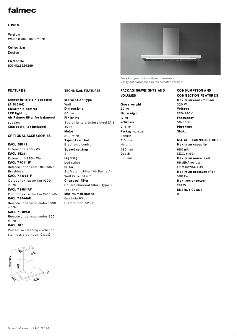 Page 1 de la notice Fiche technique Falmec Lumen
