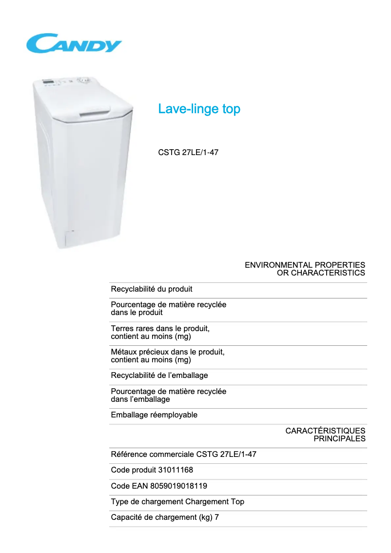 Page 1 de la notice Fiche technique Candy CSTG27LE/1-47