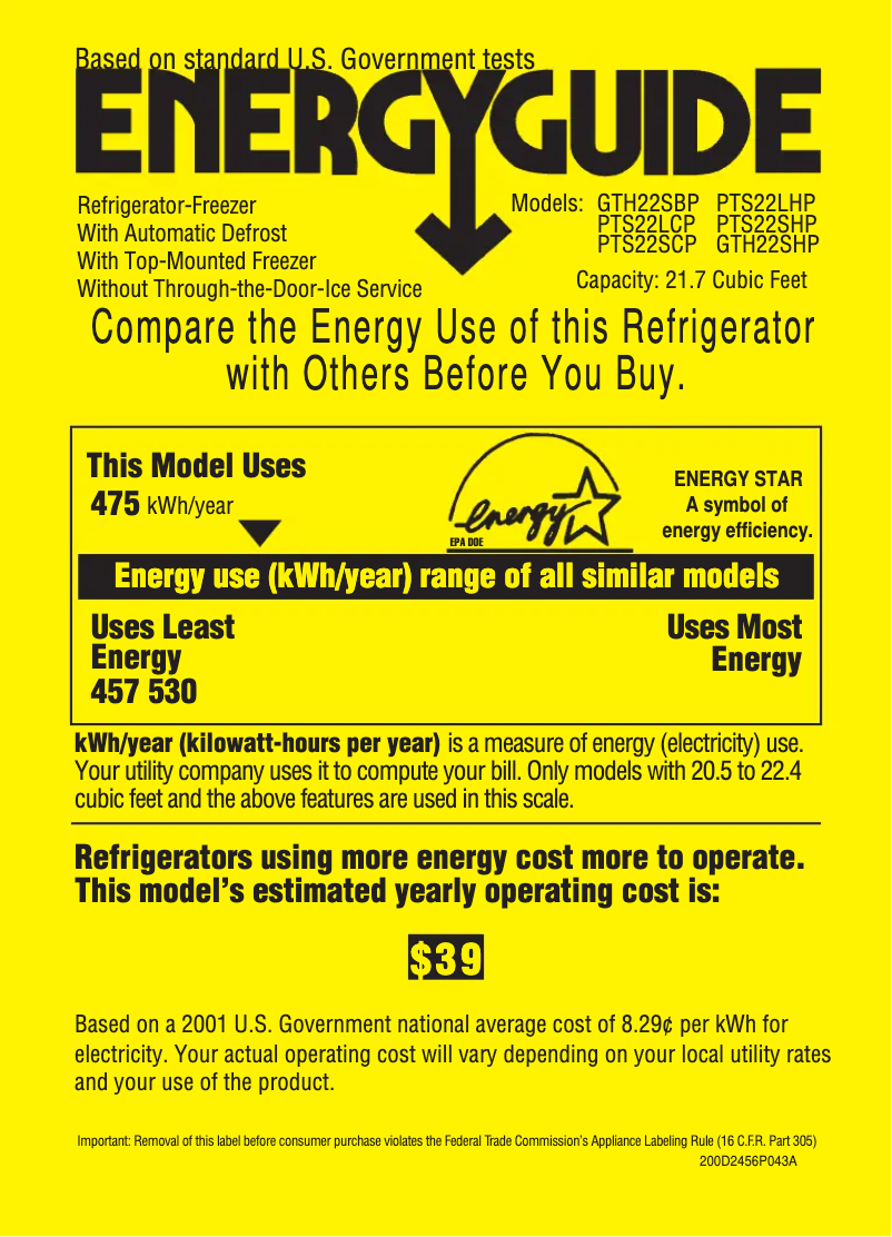 Page 1 de la notice Label énergétique GE PTS22SCPBS