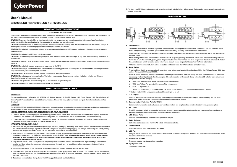 Page 1 de la notice Manuel utilisateur CyberPower BR1000ELCD