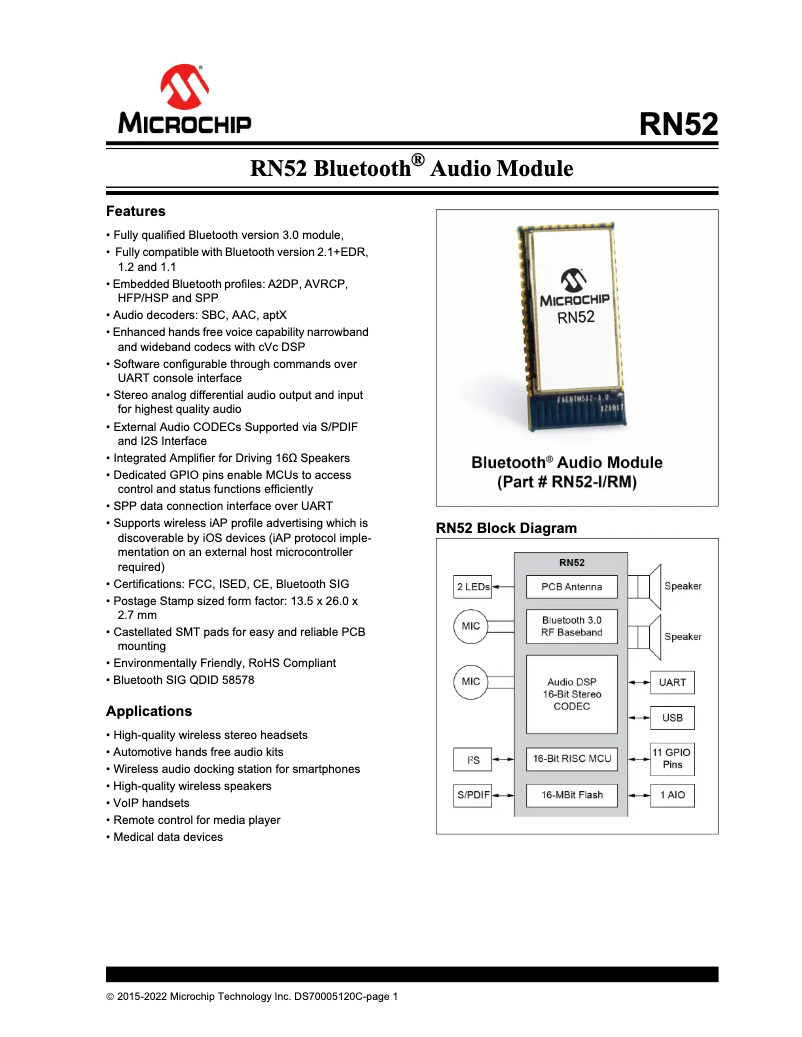 Page 1 de la notice Fiche technique Microchip RN52