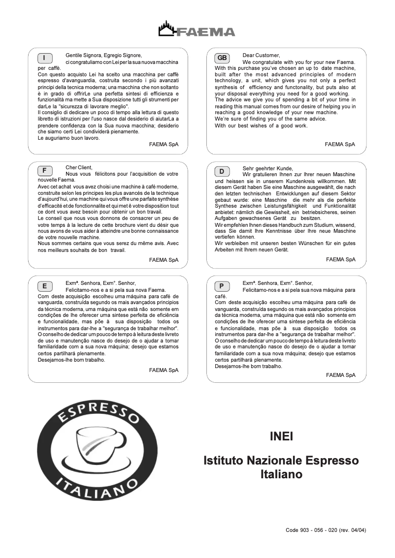 Page 1 de la notice Manuel utilisateur Faema E61 3 GR