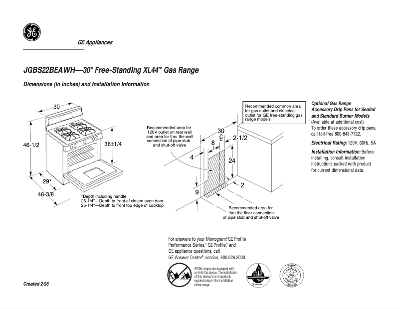 Page 1 of the manual Technical Sheet GE JGBS22BEAWH