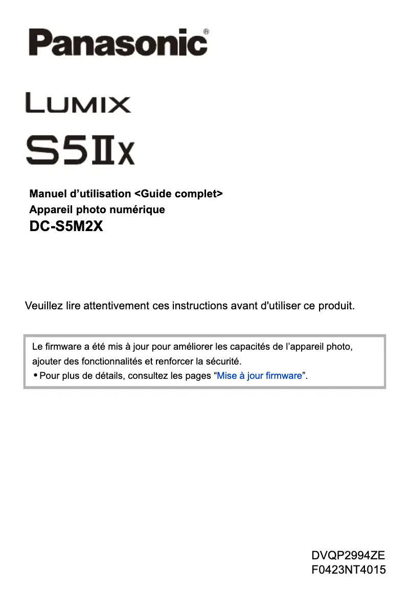 Page 1 de la notice Manuel utilisateur Panasonic Lumix S5 II