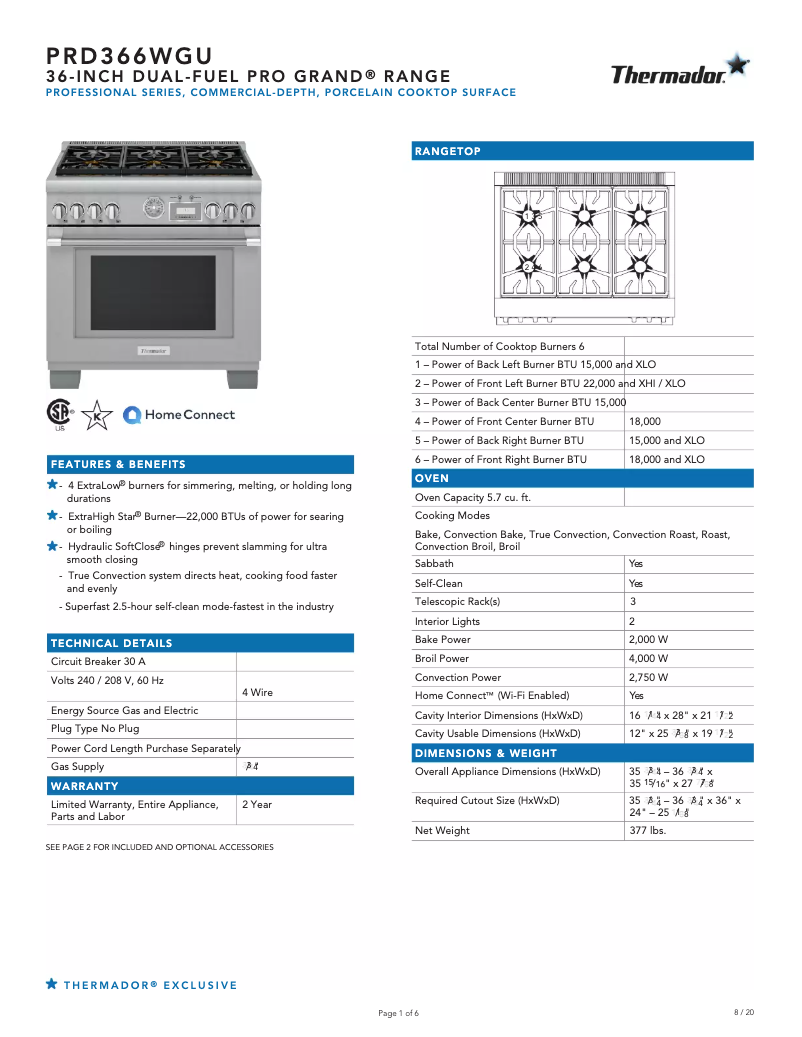 Page 1 de la notice Fiche technique Thermador PRD366WGU