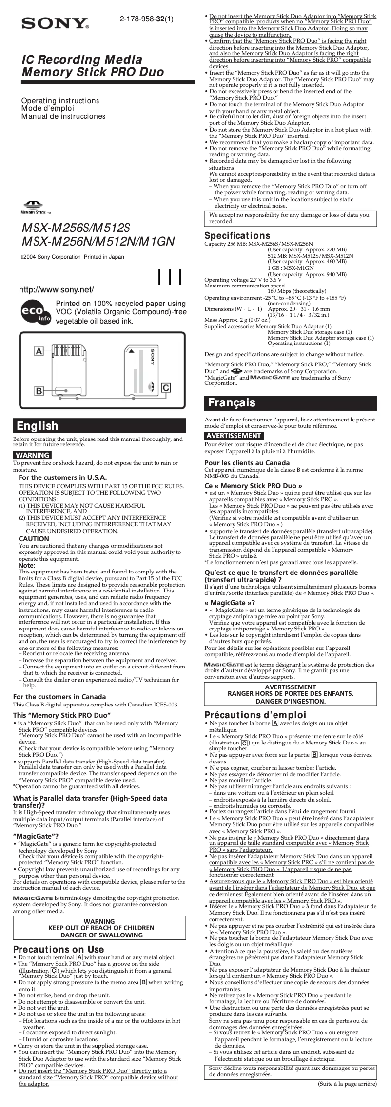 Page 1 de la notice Manuel utilisateur Sony MSX-M512N