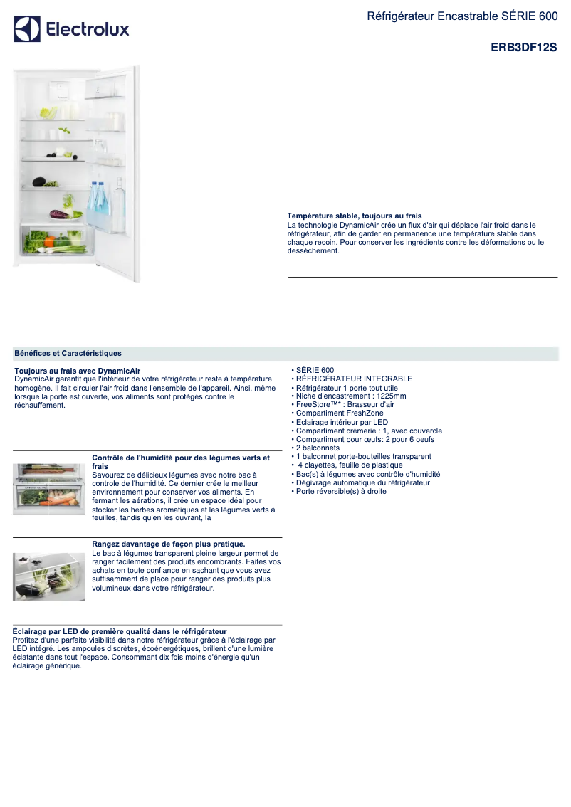 Page 1 de la notice Fiche technique Electrolux ERB3DF12S