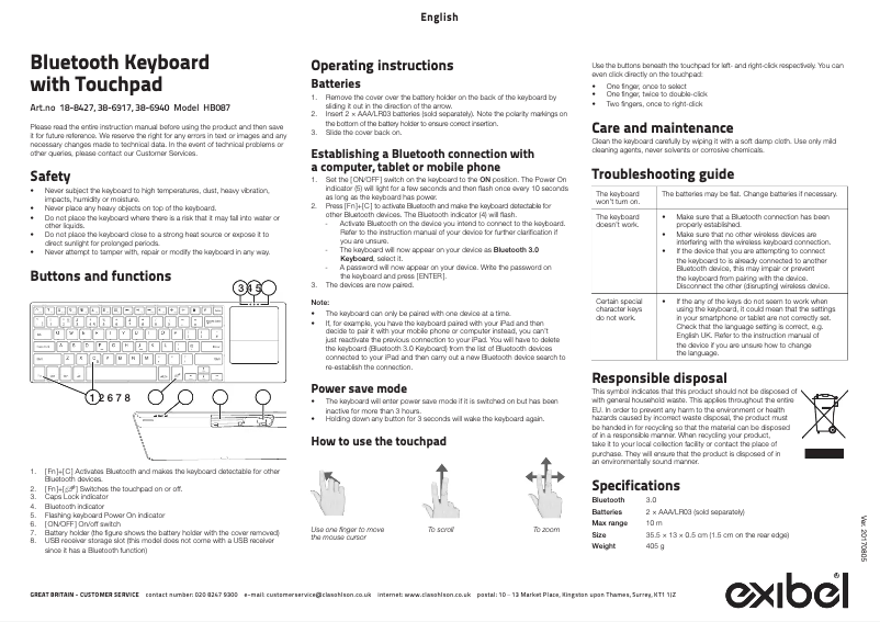 Page 1 de la notice Manuel utilisateur Exibel HB087
