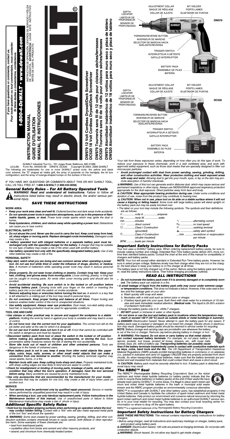 Page 1 de la notice Manuel utilisateur DeWalt DC520