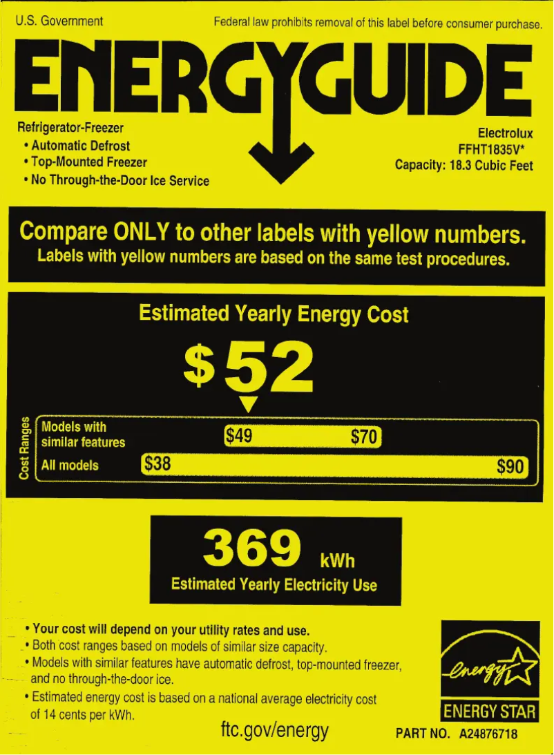 Page 1 de la notice Label énergétique Frigidaire FFHT1835VS