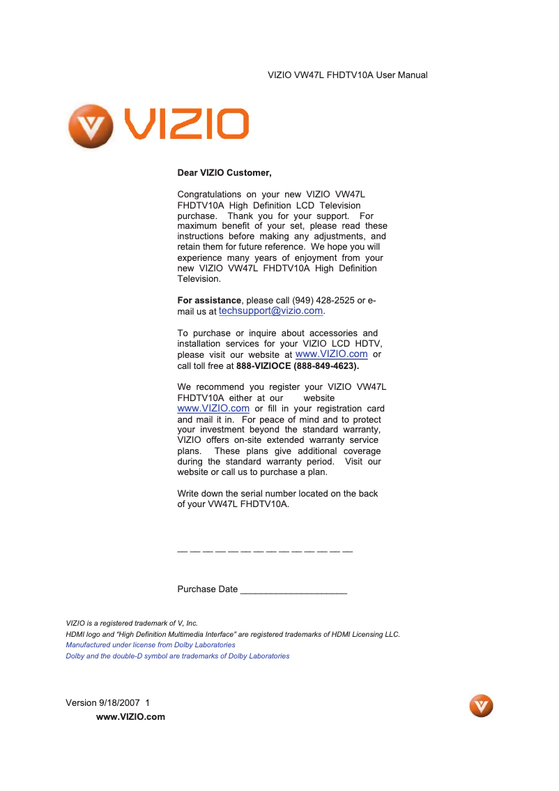 Page 1 de la notice Manuel utilisateur VIZIO VW47LFHDTV10A