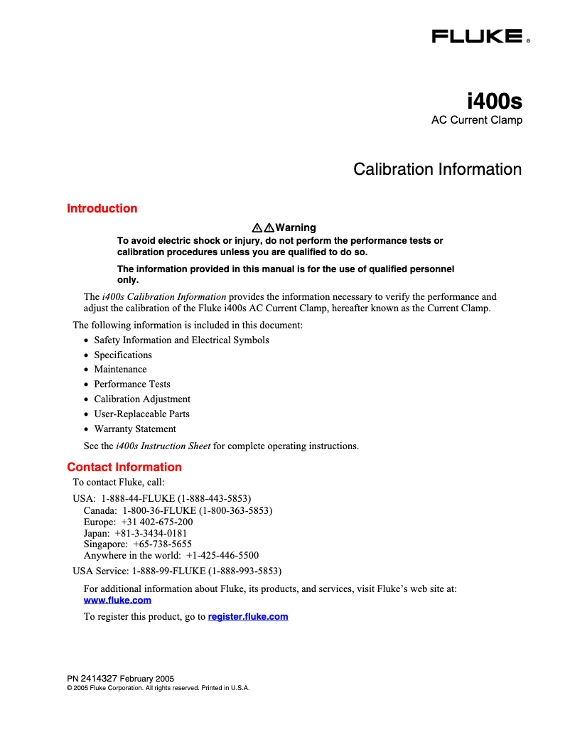 Page 1 de la notice Manuel utilisateur Fluke i400s