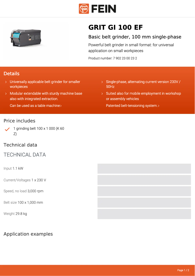 Page 1 de la notice Fiche technique Fein GRIT GI 100 EF