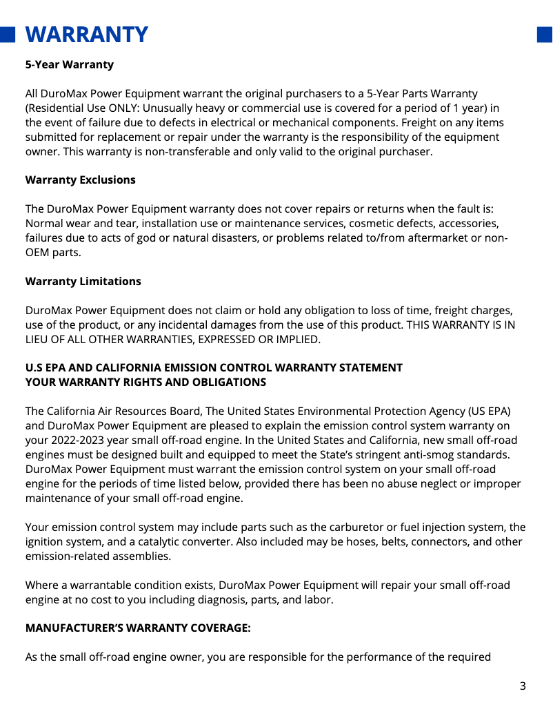 Page 1 de la notice Informations de garantie DuroMax XP16000iHT