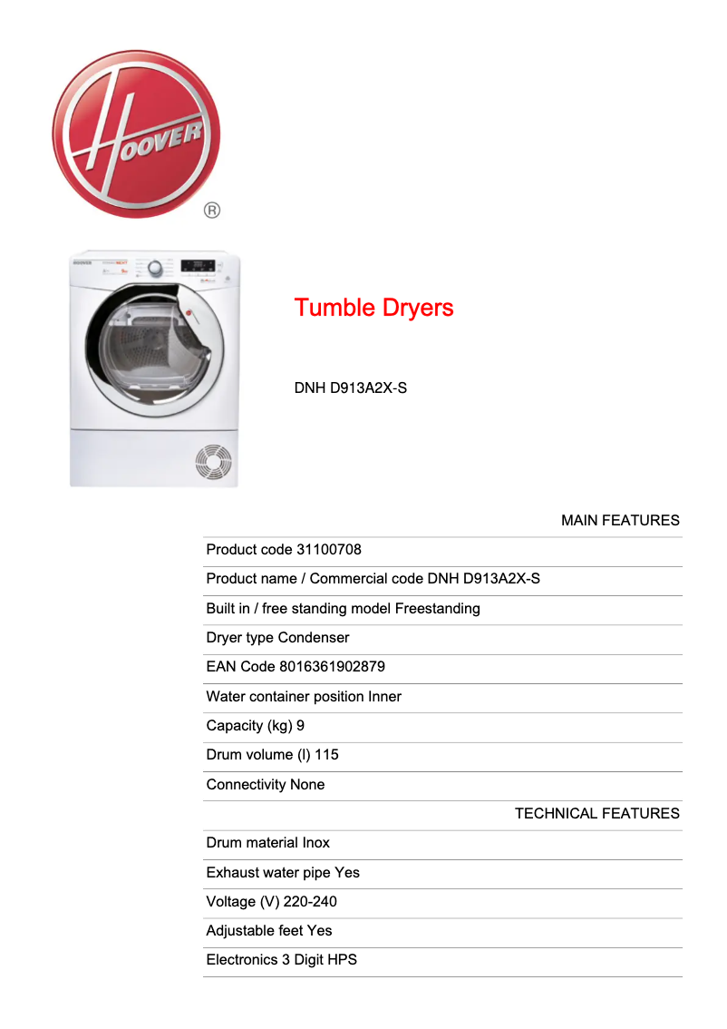 Page 1 de la notice Fiche technique Hoover DNH D913A2X-S