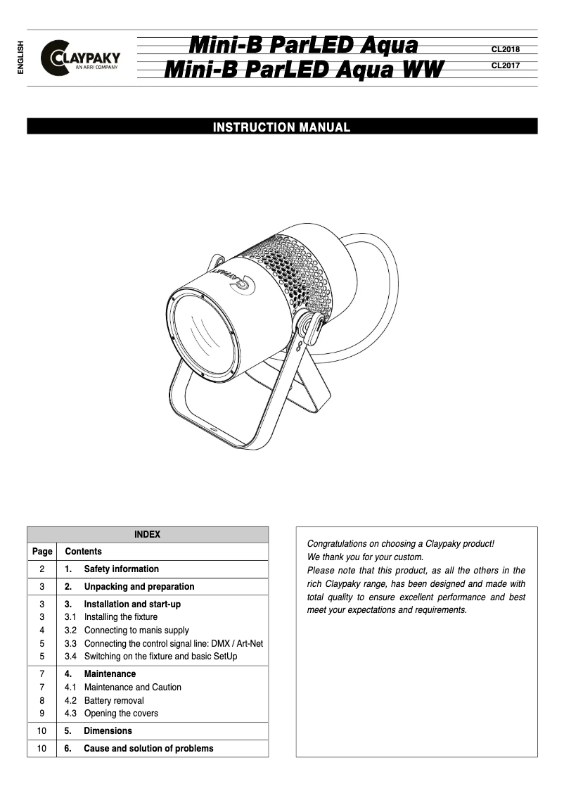 Page n°1 - Manuel utilisateur Claypaky Mini-B ParLED Aqua WW