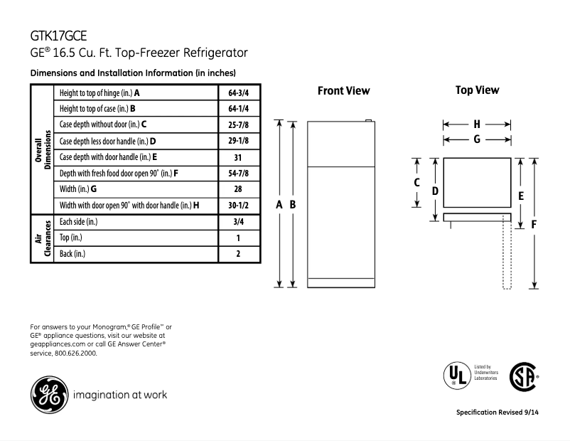Page n°1 - Fiche technique GE GTK17GCEBS