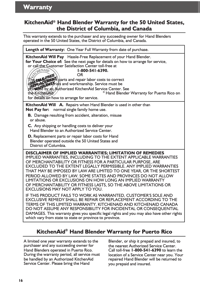 Page 1 de la notice Informations de garantie KitchenAid KHB1231BM