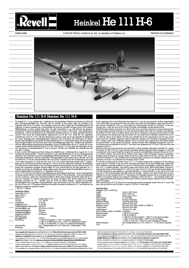 Page n°1 - Manuel utilisateur Revell Heinkel He 111 H-6