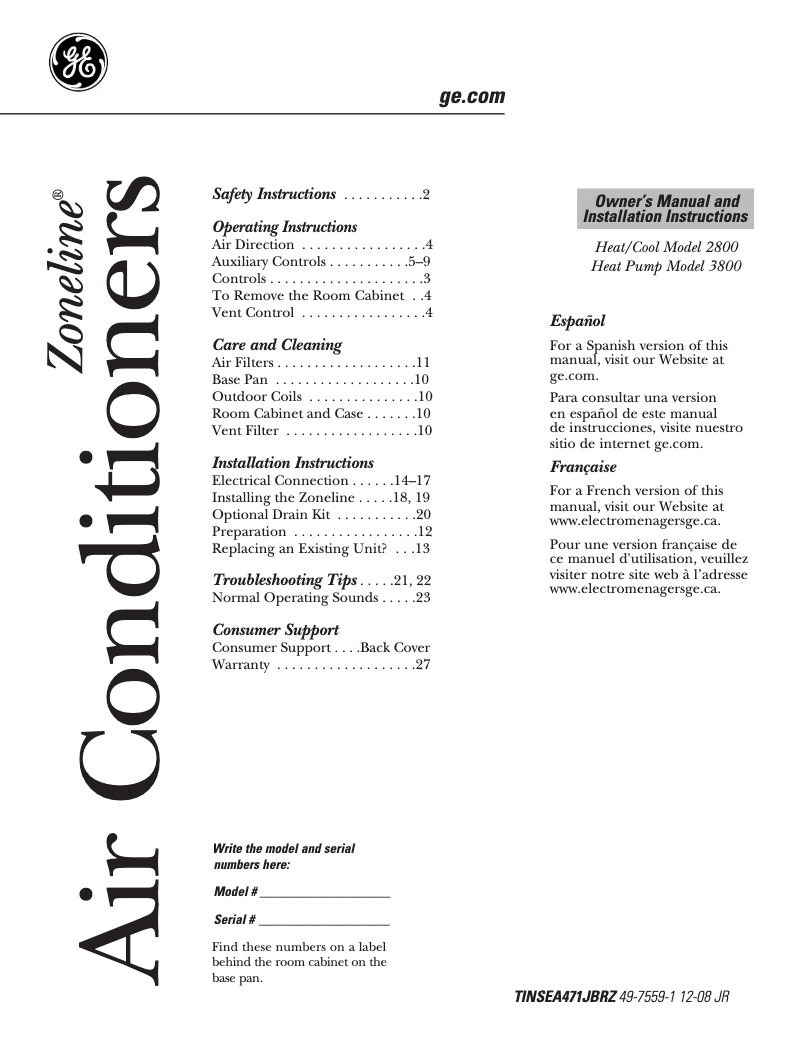Page n°1 - Manuel d'utilisation et d'entretien GE AZ28E07DAC