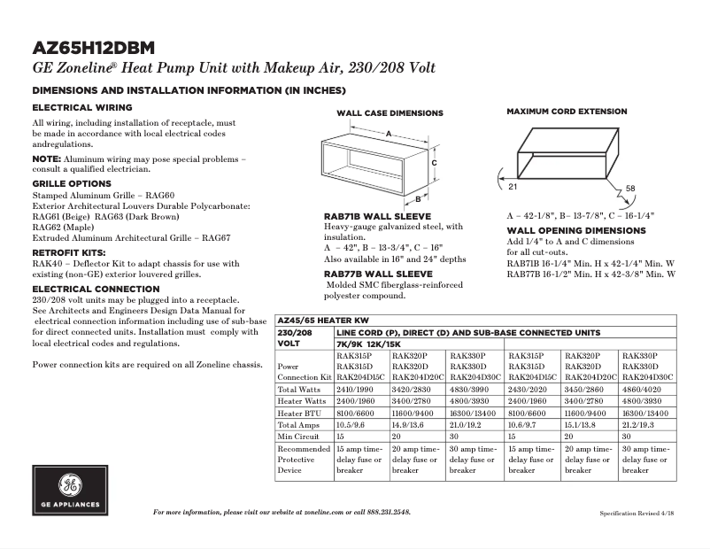 Page 1 de la notice Fiche technique GE AZ65H12DBM