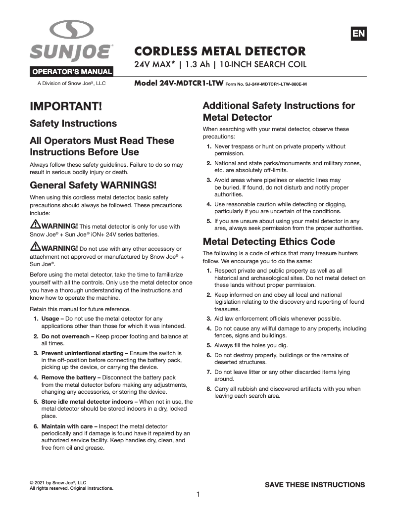 Page 1 de la notice Manuel utilisateur Sun Joe 24V-MDTCR1-LTW