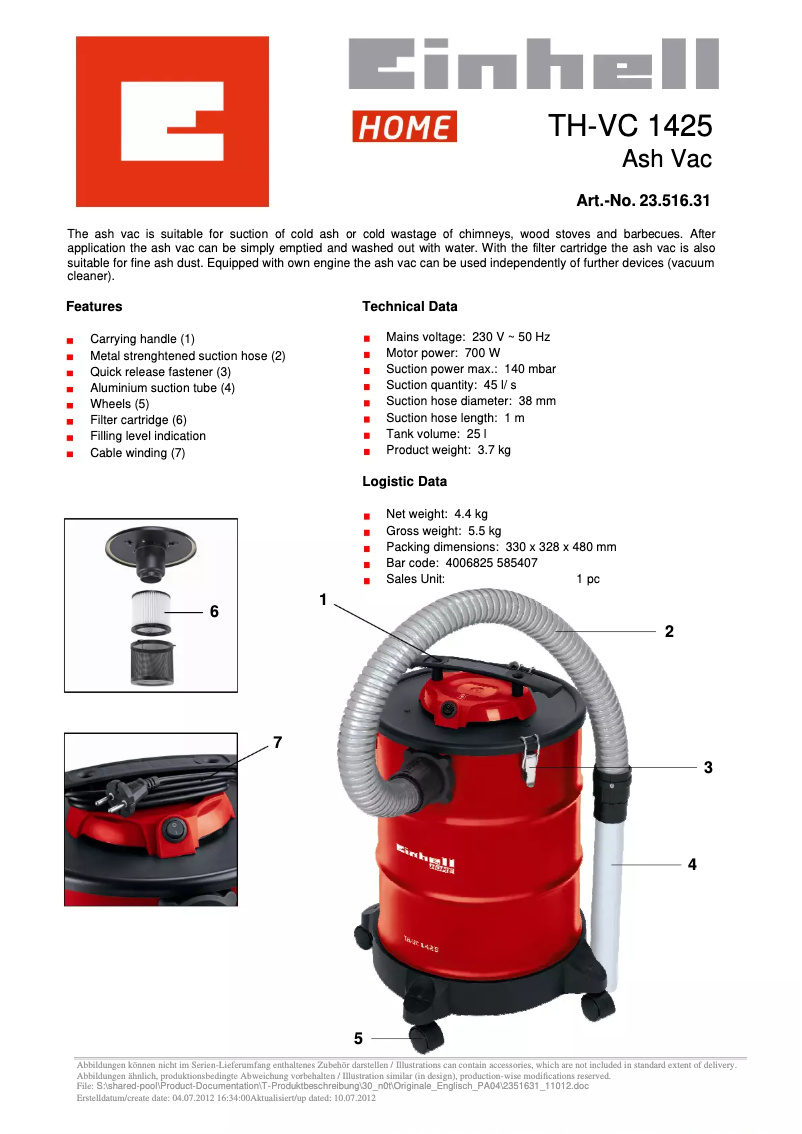 Página 1 del manual Ficha técnica Einhell TH-VC 1425