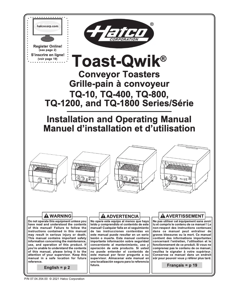 Page 1 de la notice Manuel utilisateur Hatco Toast-Qwik TQ-1800BA