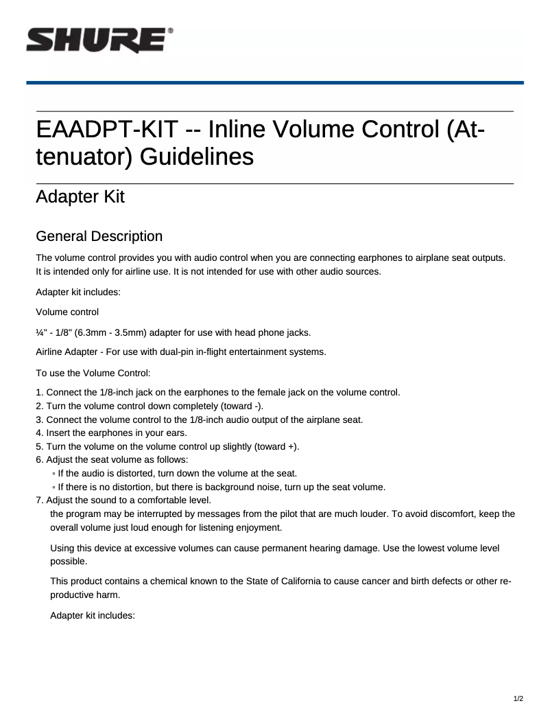 Page n°1 - Manuel utilisateur Shure EAADPT-KIT