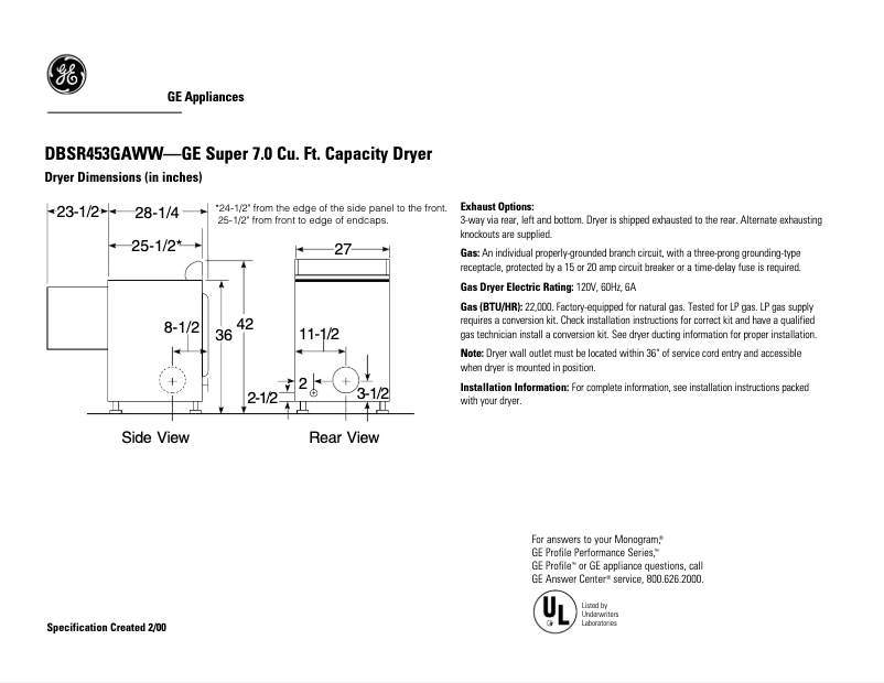 Page n°1 - Fiche technique GE DBSR453GAWW