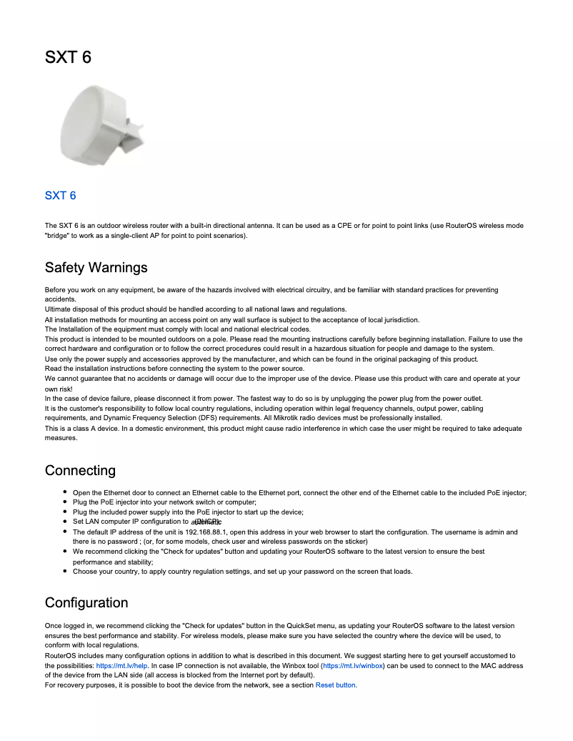 Page n°1 - Manuel utilisateur Mikrotik SXT 6