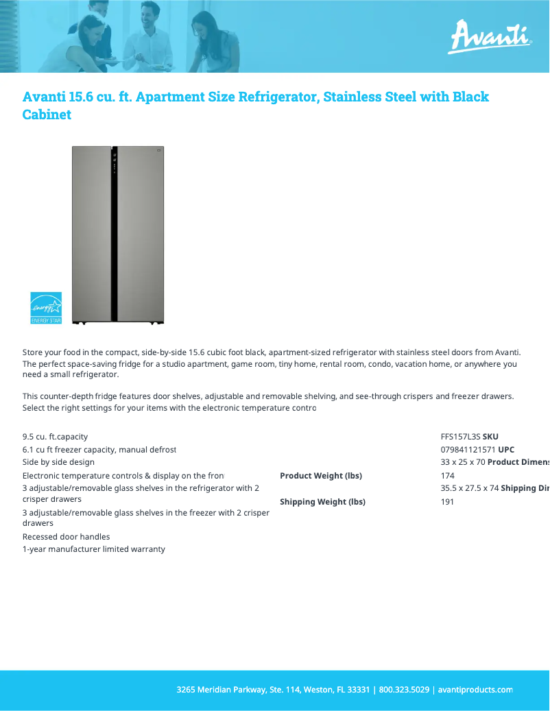 Page 1 de la notice Fiche technique Avanti FFS157L3S