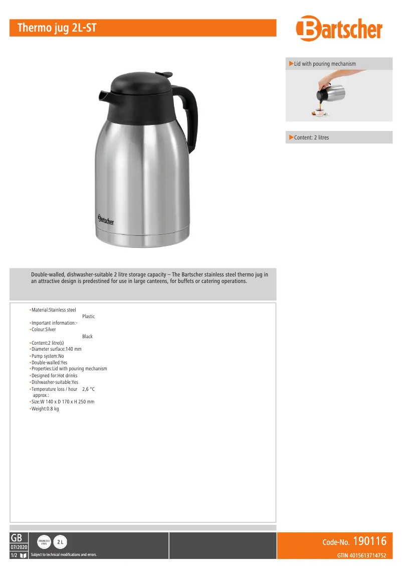 Page n°1 - Fiche technique Bartscher 190116