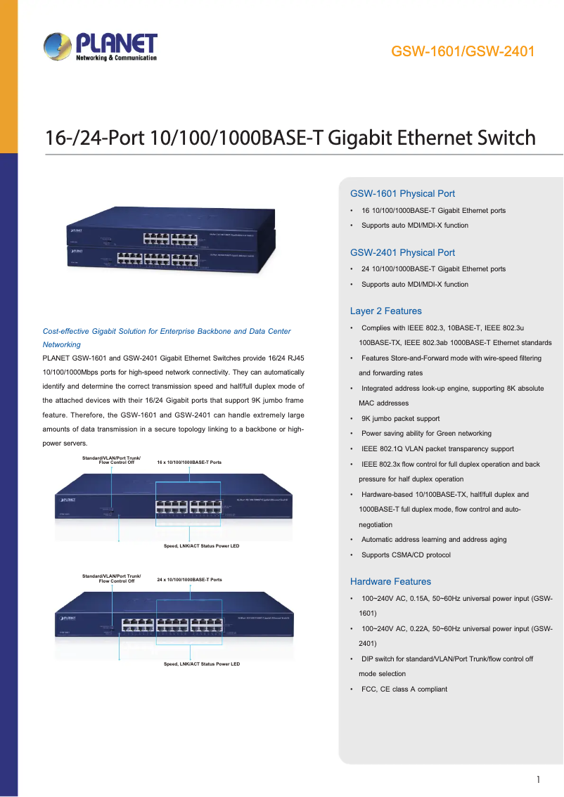 Page n°1 - Fiche technique Planet GSW-2401