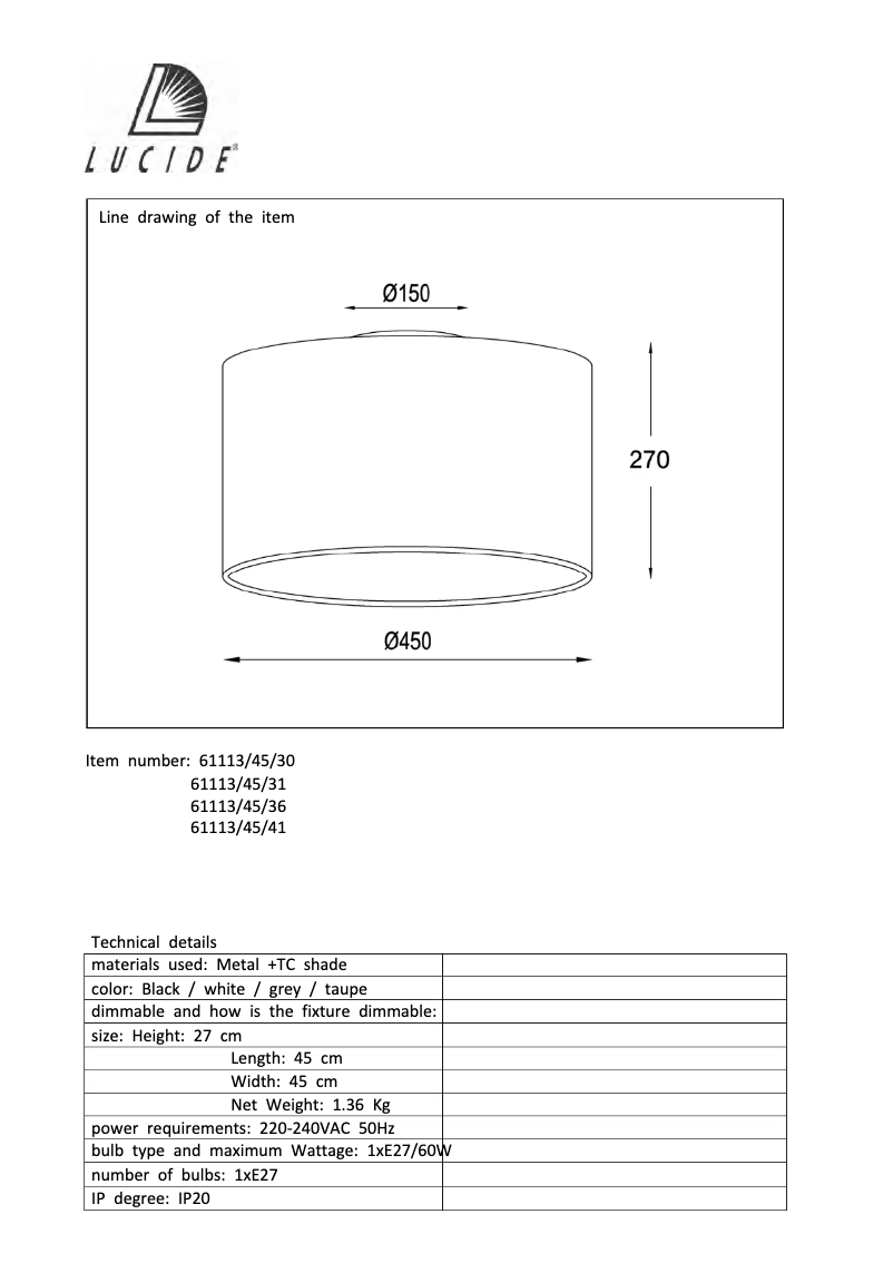 Page 1 de la notice Manuel utilisateur Lucide Coral 61113/45/41