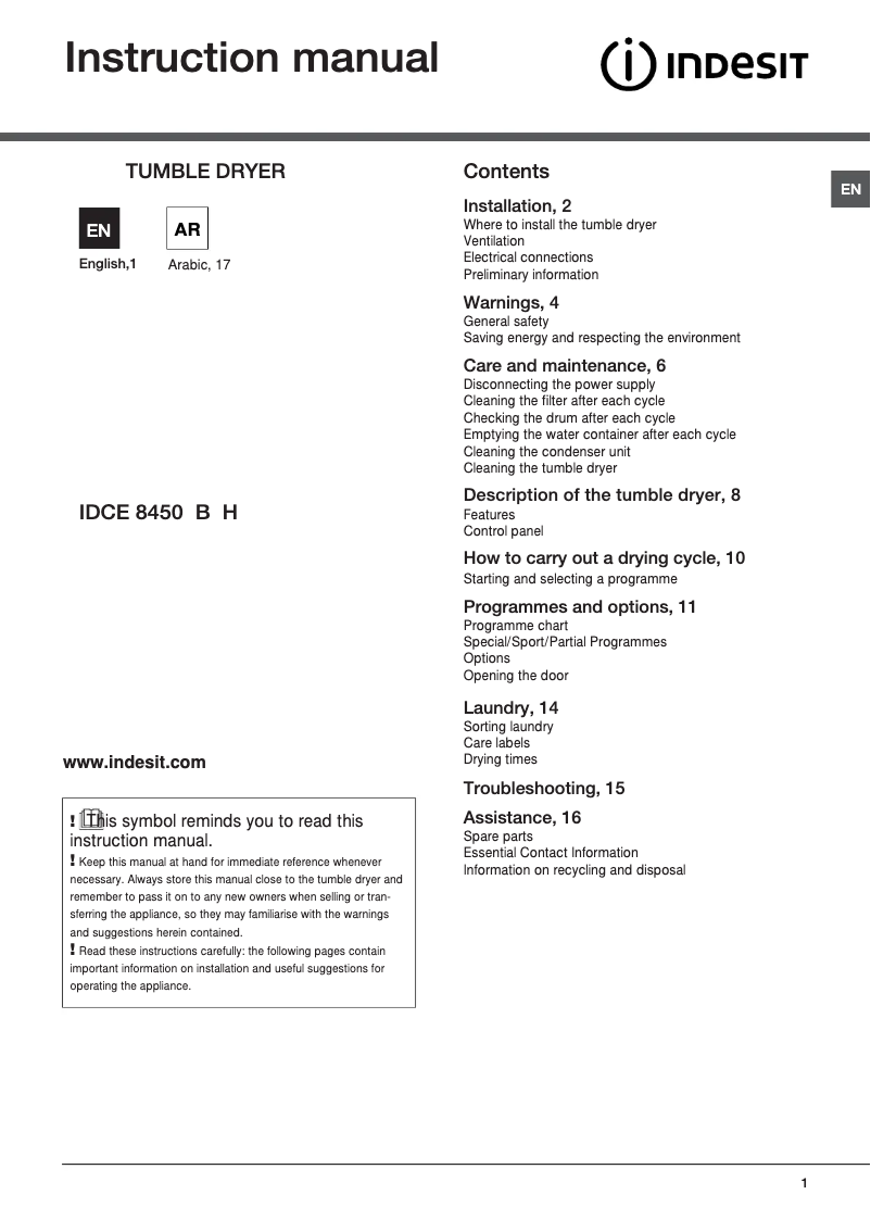 Page n°1 - Mode d'emploi Indesit IDCE 8450 BK H (UK)