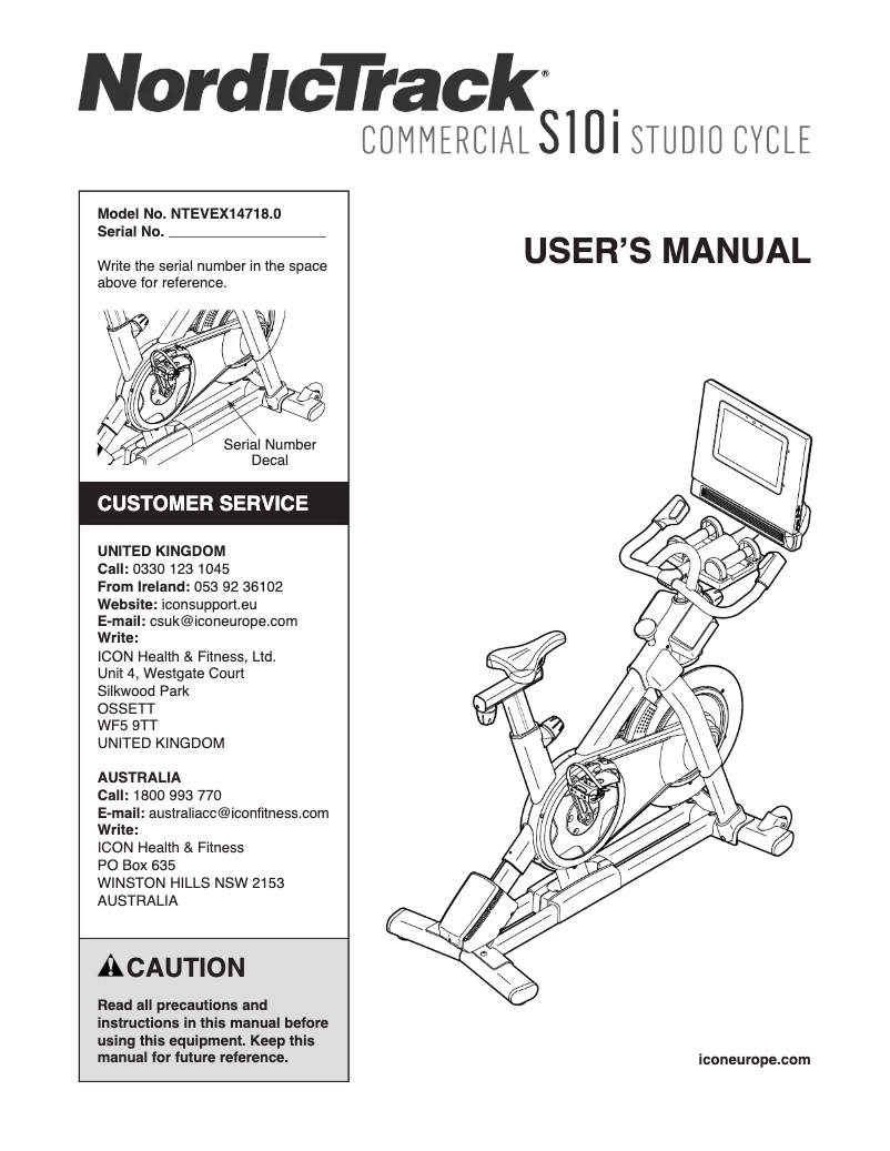 Page n°1 - Manuel utilisateur NordicTrack Commercial S10 Studio Cycle