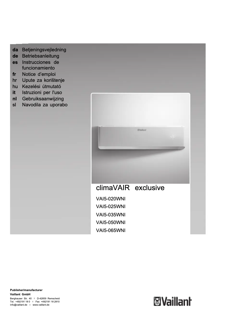 Page n°1 - Manuel utilisateur Vaillant climaVAIR exclusive VAI5-025WNI
