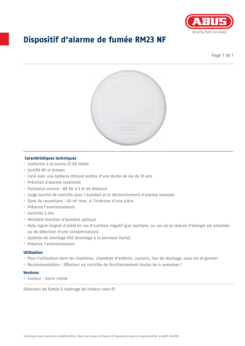 Page 1 de la notice Fiche technique Abus RM23 NF