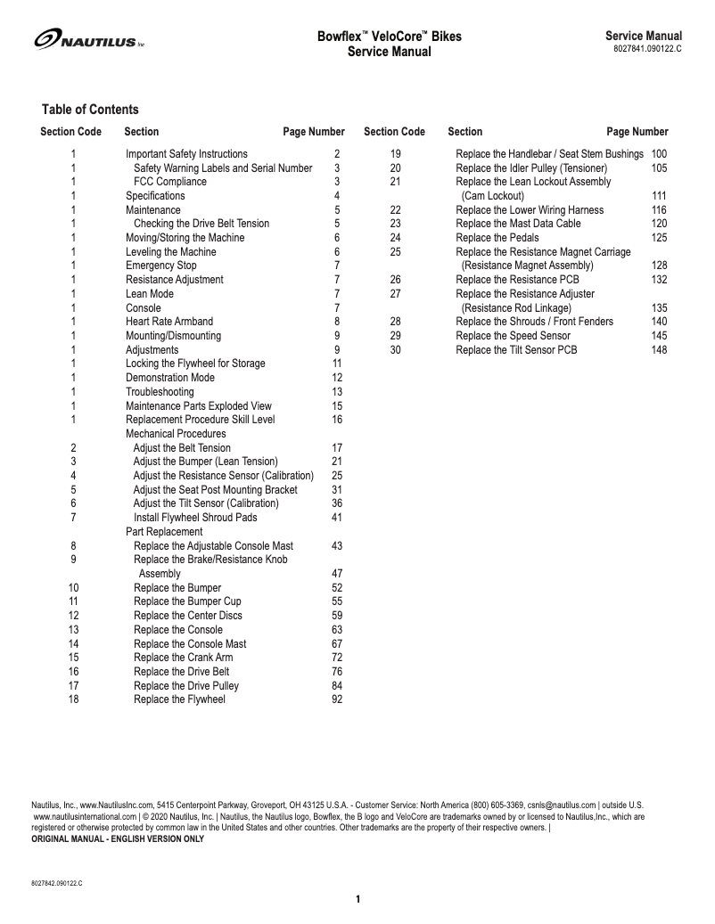Page 1 de la notice Manuel utilisateur Bowflex VeloCore