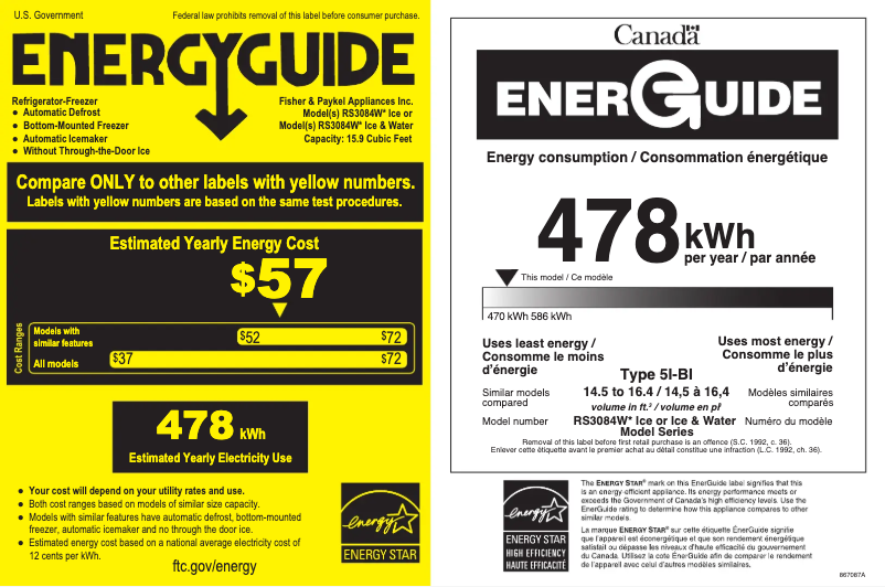 Page 1 de la notice Label énergétique Fisher & Paykel RS3084WLU1