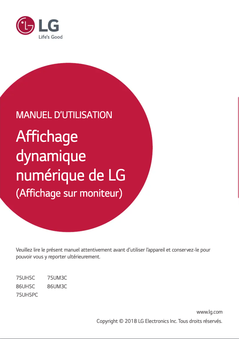 Page 1 de la notice Manuel utilisateur LG 75UM3C