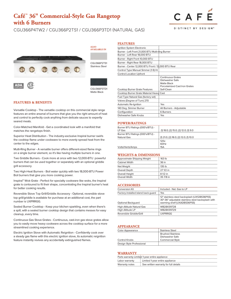 Page n°1 - Fiche technique GE CGU366P4TW2